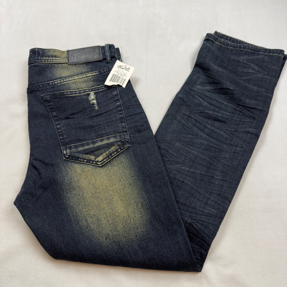 True Luck Mens Distressed Straight Leg Jeans 34x32 Dark Wash Stretch NWT‎